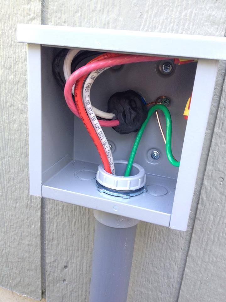 Service conductors and a ground wire entering an outdoor box through conduit